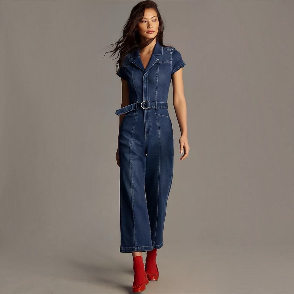 Anthropologie Paige Anessa Denim Jumpsuit Short-Sleeve Blue Wide Leg Belted Sz 8
